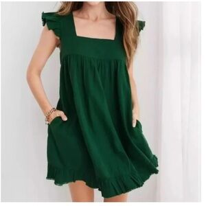 Aerie Linen Flutter Mini Sundress Green Square Neckline Boho Bohemain Casual